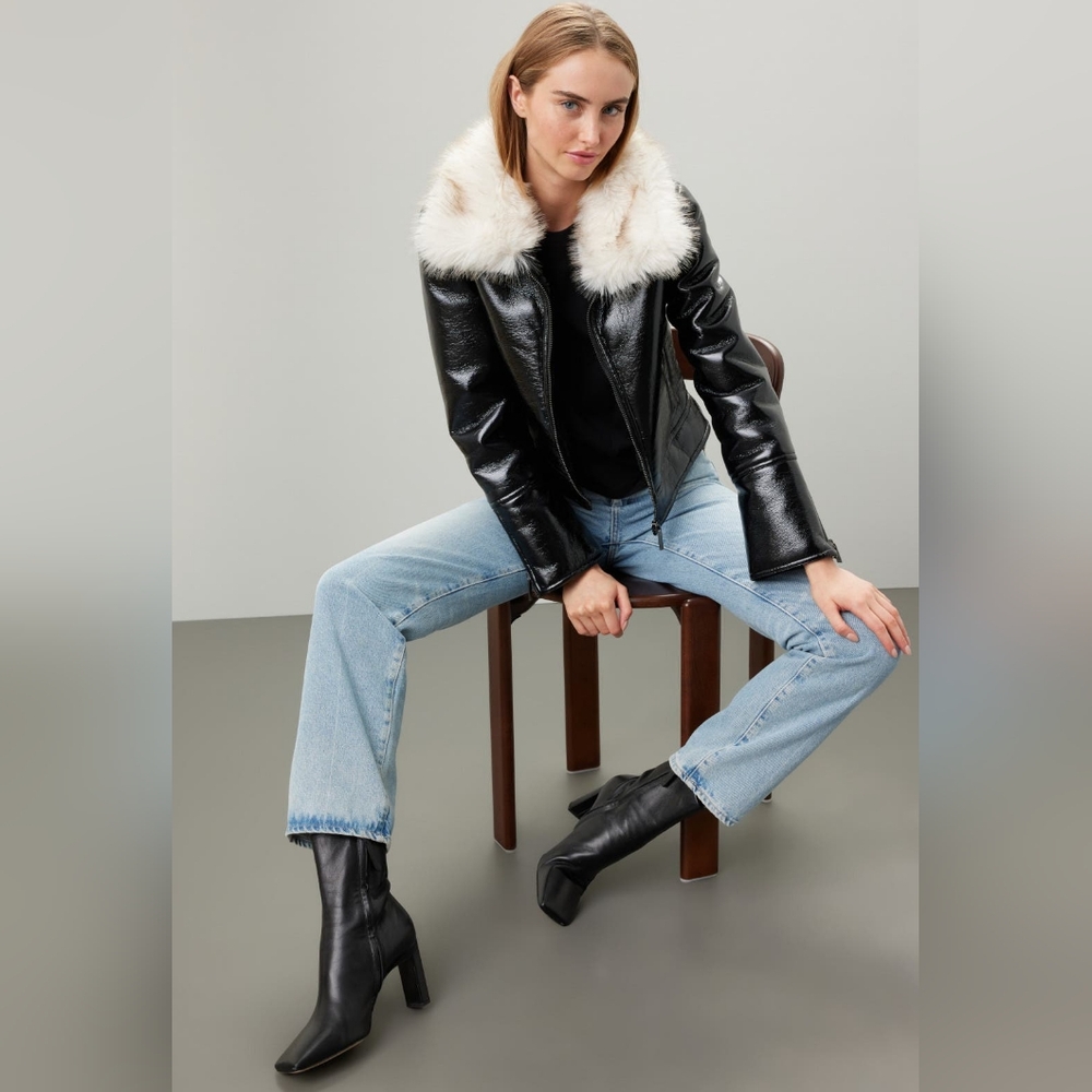 Unreal Fur Wet Look Aviator Jacket-NWOT